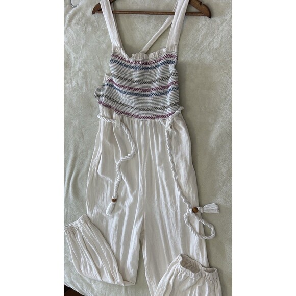 Free People Womens Medium Smocked Jumpsuit Boho Jogger Tie Waist Strappy Relaxed - Picture 4 of 14